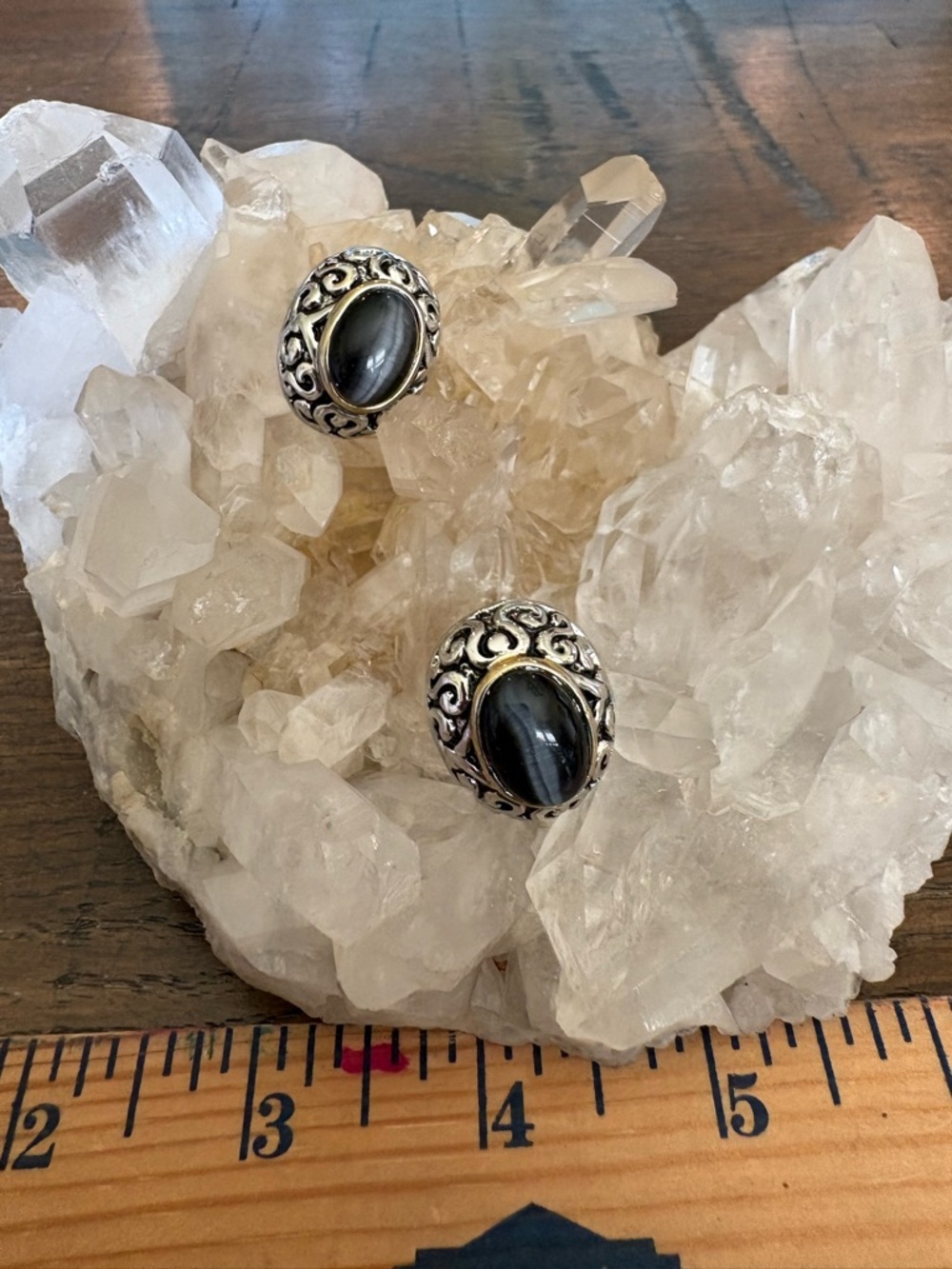 Silver Black Onyx Scrollwork Stud Earrings